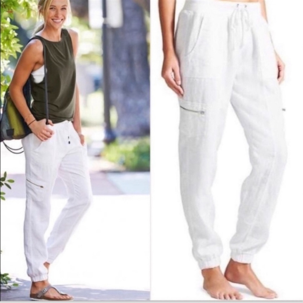 Athleta white linen cargo joggers size 14 NEW!
